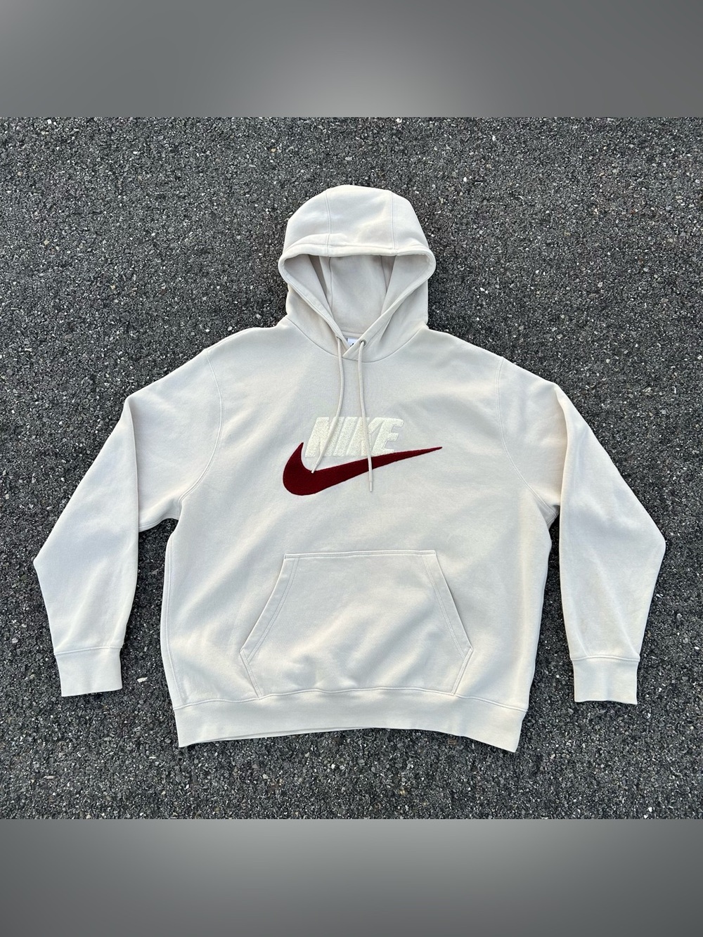 Nike Club Fleece Pullover Hoodie Spell Out Beige Maroon Swoosh Logo Stain XL
